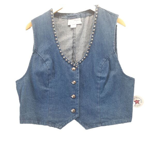 Luskeys Ryon’s Vintage Denim Vest Studded Concho Button USA Western Cowgirl Sz L - Picture 1 of 8